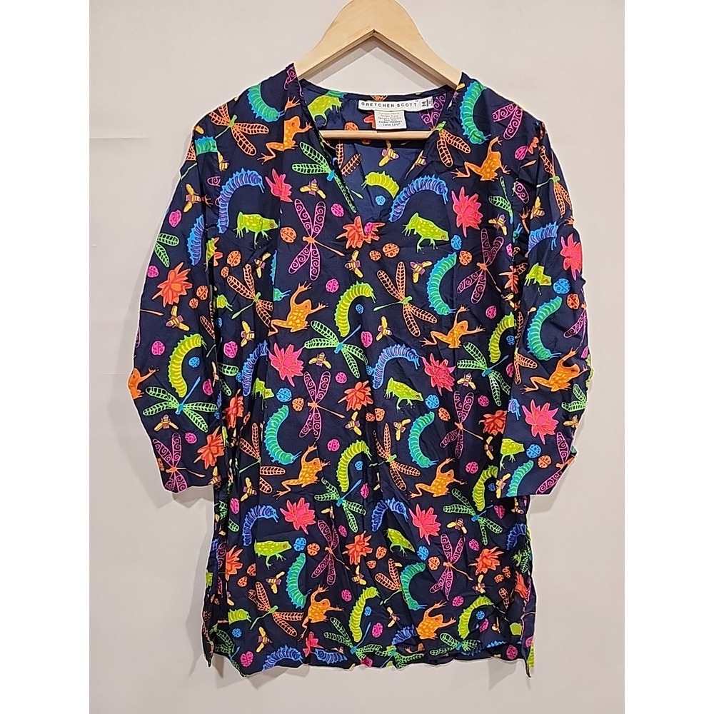 Gretchen Scott Tunic Coverup Dress Womens M Blue Bug Print 100%‎ Cotton V-Neck